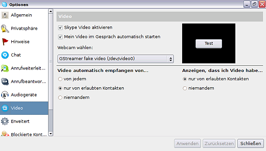 Skype Optionen/Einstellungen: Video