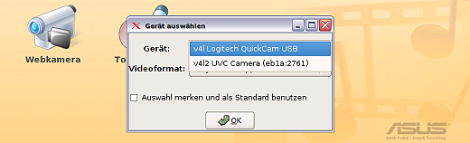 Webkamera (ucview) - Auswahl der Kamera / des Videogerätes