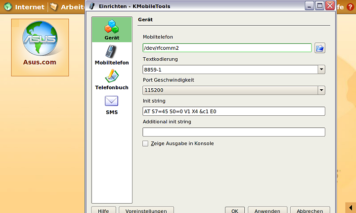 KMobiletools-Einstellungen: Gerät