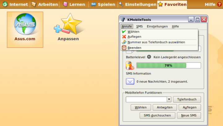 KMobiletools-Hauptfenster: Anrufe-Menü