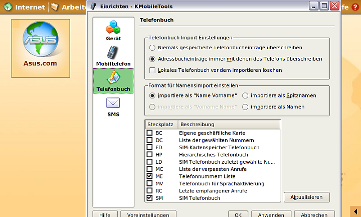 KMobiletools: Telefonbuch